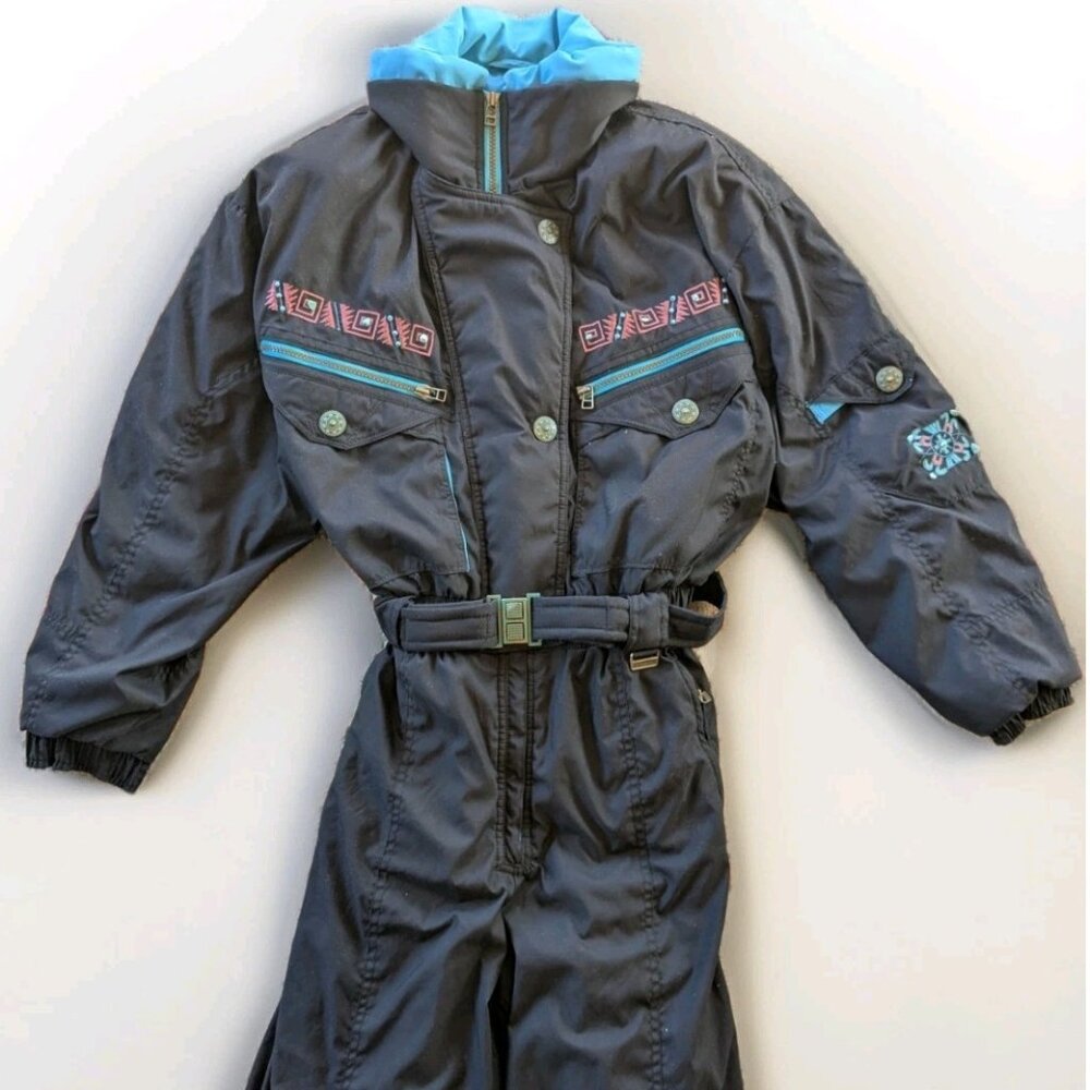 Vintage 80s Skiing Passport One Piece Ski Suit Womens 10 Black Snowsuit Retro